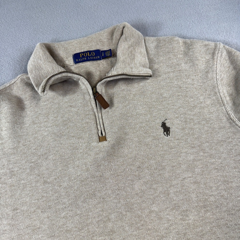 Polo Ralph Lauren Quarter Zip Pullover Mens Luxury Ribbed Cotton Beige Small